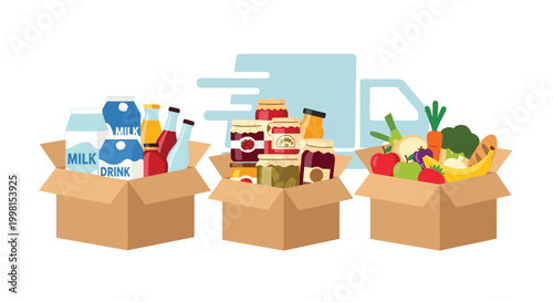 Three overflowing cardboard boxes filled with fresh milk cartons, preserved glass jars, and healthy produce await delivery by a stylized truck icon.