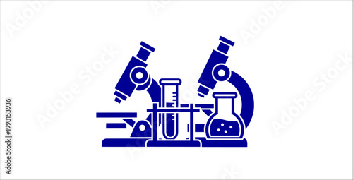 Laboratory research equipment flat icons set. microscope analysis, test tubes experiment, chemistry flask, science lab, medical research, biotechnology study, innovation tools