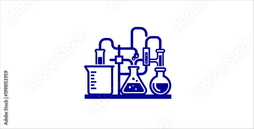 Chemistry laboratory equipment outline icons set flat design style. beaker flask test tube pipes apparatus experiment science research liquid measurement reaction