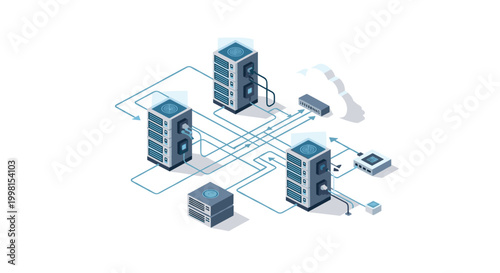 Isometric server towers are interconnected by glowing blue data lines leading to a central cloud computing node in a clean digital environment.