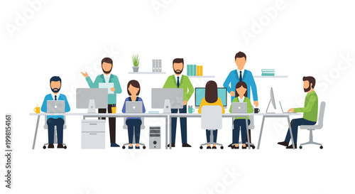 Diverse corporate professionals collaborate on digital projects using modern laptops at a long shared office desk in a bright minimalist room.