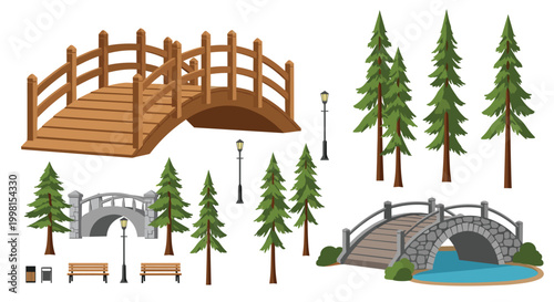 Sturdy wooden and stone arched bridges are positioned among tall pine trees and classic street lamps in a serene and well-maintained park area.