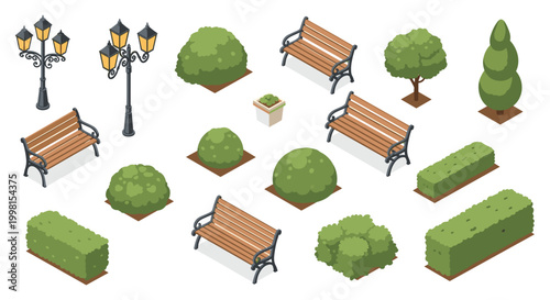 Multiple isometric wooden park benches are arranged near neatly trimmed green hedges and decorative street lamps in a bright, organized setting.