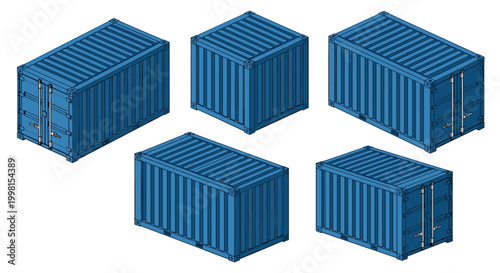 Five individual blue shipping containers are showcased from distinct isometric angles to highlight their corrugated metal texture and locking systems.