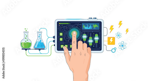 A human hand interacts with a glowing digital control panel connected to glass beakers filled with vibrant chemical liquids in a futuristic laboratory.