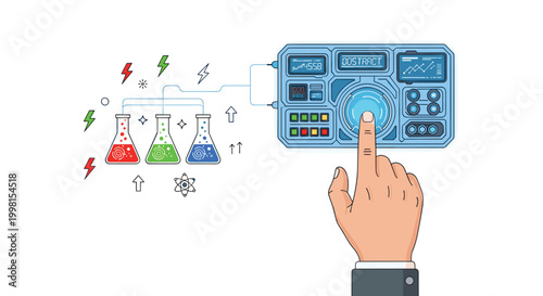 A precise human hand activates a circular button on a complex control console linked to three colorful glass flasks in a high-tech research facility.