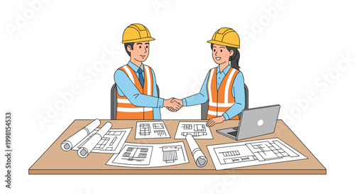 Professional construction engineers shake hands firmly over detailed architectural blueprints on a wooden desk in a bright and clean office space.