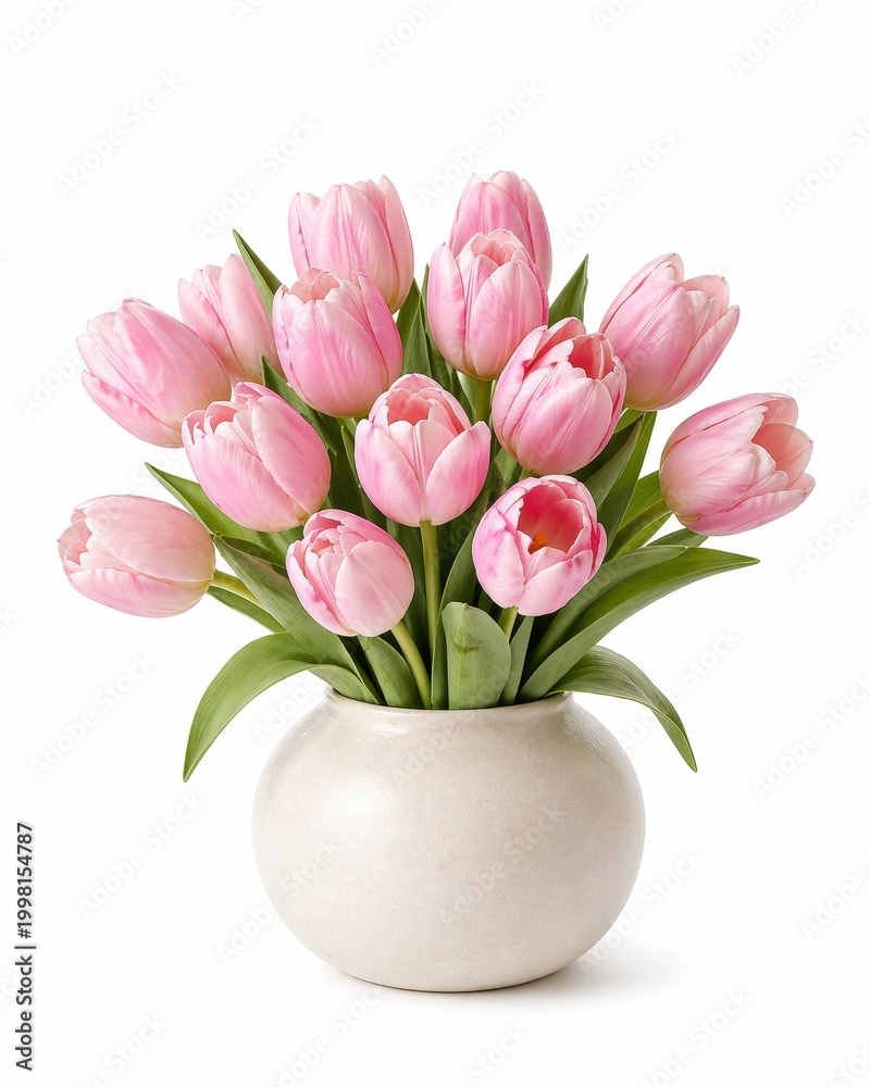 Obraz premium compact bouquet of soft pink tulips in a round matte ceramic vase on white background modern spring home decor concept bright natural color clean studio light balanced shape