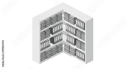 An isometric corner shelving unit displays rows of stacked grey binders and storage boxes providing compact organizational solutions in a flat vector style.