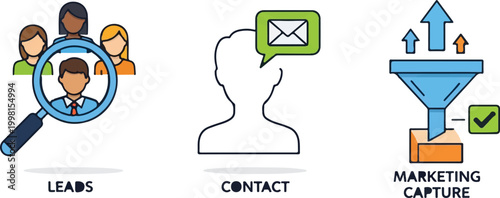 Digital marketing sales funnel icons, business lead generation and customer contact symbols, marketing capture process vector set