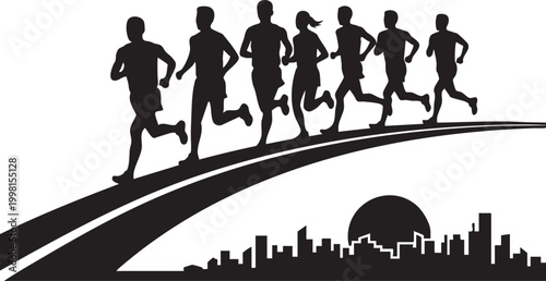 Silhouette of a Group of People Running a Marathon Over a City Skyline at Sunrise, Minimalist Vector Illustration of Urban Athletes Jogging and Staying Healthy