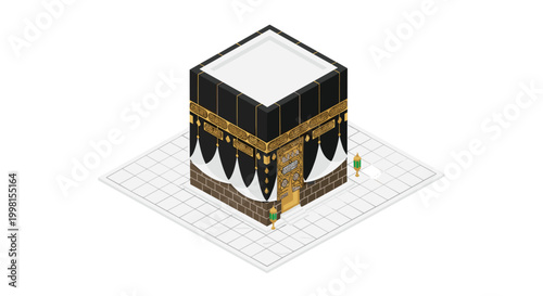 The sacred Kaaba stands in an isometric perspective featuring a black cloth with intricate gold calligraphy on a pristine white tiled floor surface.