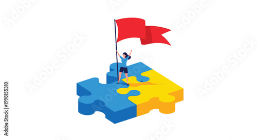 Ambitious woman plants a vibrant red flag atop two interlocking blue and yellow puzzle pieces in a clean isometric space with soft white lighting.
