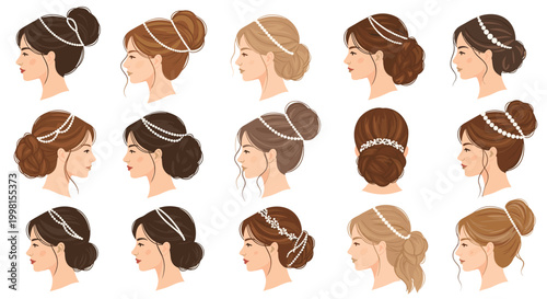 Diverse collection of fifteen side profile female portraits showcasing elegant hair buns adorned with delicate pearl headbands on a soft beige background.
