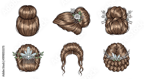 Intricate brown hair bun styles with elegant floral accents and sparkling crystal combs are displayed in a clean grid on a neutral soft gray background.