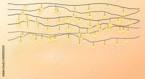 Wavy string lights in warm cozy lighting on gradient orange background for festive decoration