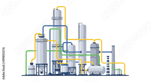Complex chemical processing plant featuring various cylindrical tanks and interconnected colorful pipes on a clean and pristine white background.