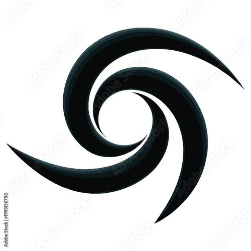 Abstract swirl vortex vector graphic featuring dark curved blades arranged in a spiral motion isolated on a transparent grid background