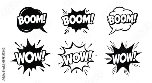 Comic speech bubbles with boom and wow text black and white vector