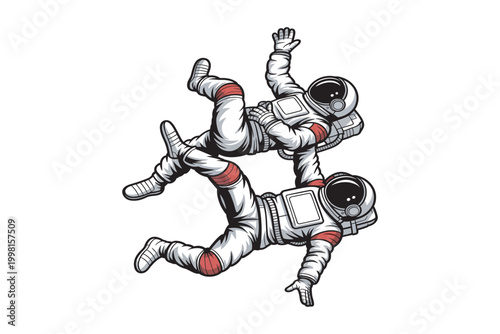 Two astronauts playfully tumbling in space detailed vector illustration on transparent background high-quality professional modern elegant stylish clean crisp vibrant colorful.