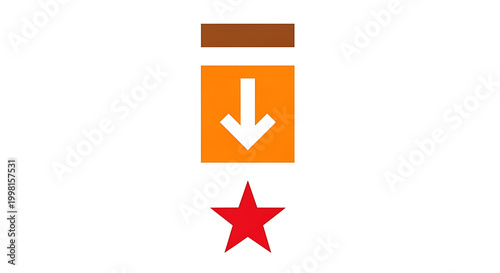 Minimalist of a red star, orange flame, and brown rectangle on white background