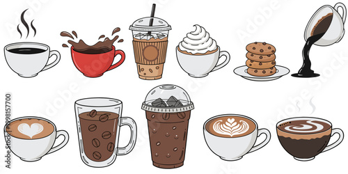 Top row: black coffee (steaming), splashing coffee in a red mug, iced coffee with a straw, whipped cream topped drink, chocolate chip cookies, and a tipping coffee cup.
Bottom row: heart latte art