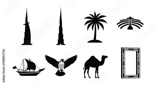 Dubai Landmarks Silhouette Collection Vector Illustration Black and White