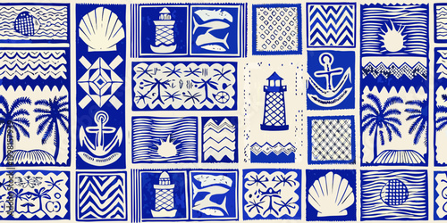 blue and white nautical pattern with tropical and seaside motifs