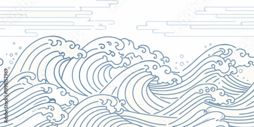 Ocean waves line art stylized blue illustration on white background