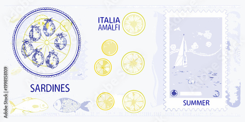 Italy themed illustration with lemons sardines and coastal elements