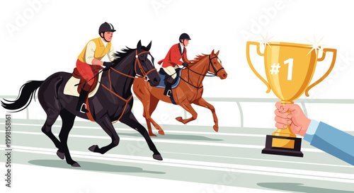 Horse racing victory celebration with a champion jockey holding a gold trophy at the finish line of a race track, symbolizing achievement and success in equestrian sports