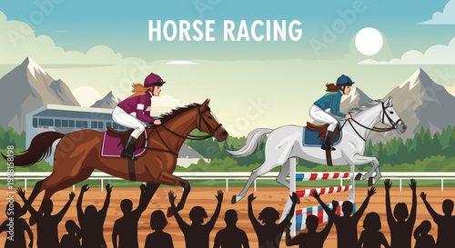 Thrilling horse racing competition with jockeys and horses galloping towards the finish line, cheered by an enthusiastic crowd