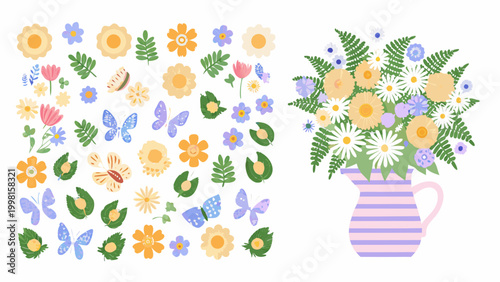 Floral arrangement and scattered botanical elements vector illustration