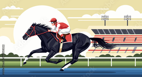 A black horse with a jockey in red and white racing attire gallops along a track in front of a grandstand during a sunny day with stadium lights in the background illustration