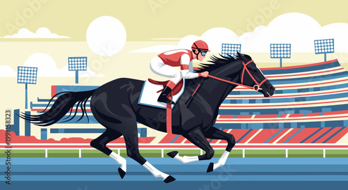 Horse Racing Competition Jockey and Horse Galloping on the Track with Stadium in the Background