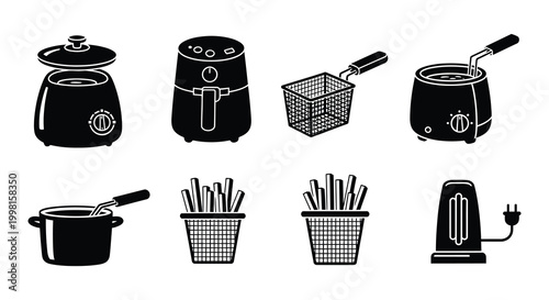 Flat vector set of deep fryers cooking pots and french fries