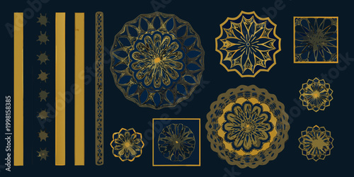 gold ornamental patterns and shapes on dark background