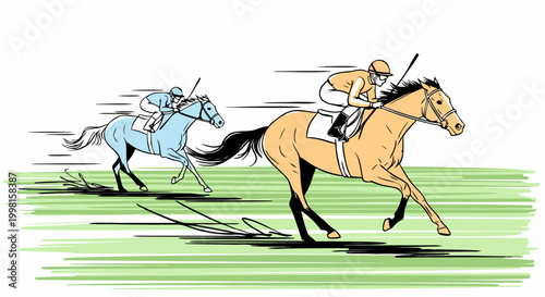 Horse Racing Competition with Two Jockeys Galloping Towards the Finish Line in a Thrilling Sprint Race