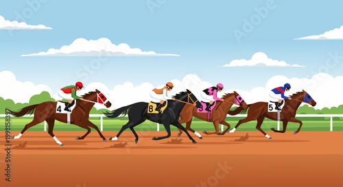 A thrilling horse race with jockeys in colorful silks competing on a dirt track under a bright sky