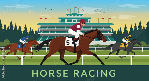 Horse Racing Event with Jockeys and Spectators at the Grandstand