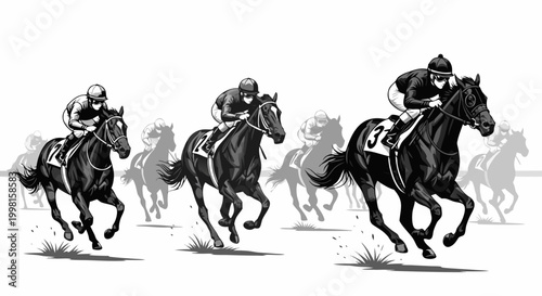 Dynamic illustration of thoroughbred horses racing on a track, capturing the speed and competitive spirit of equestrian sport