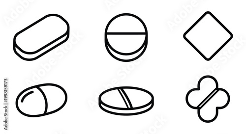 Pill and medicine bottle line icons set on white background