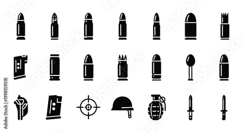 Flat vector icons of ammunition firearms and military equipment