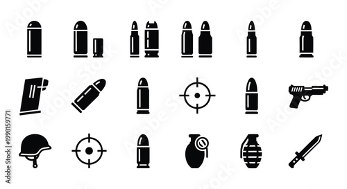 Flat vector icons of ammunition firearms and military equipment