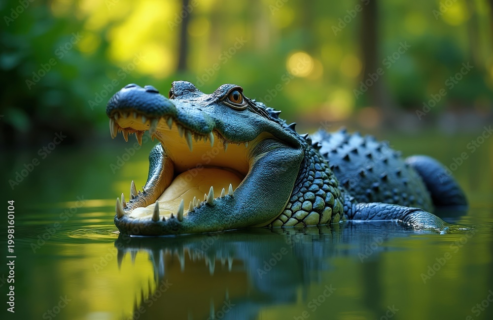 Fototapeta premium Large alligator with mouth open rests in calm green water, surrounded by rich foliage. Reptile shows sharp teeth and scales, its yellow eye focused. Wild nature scene.