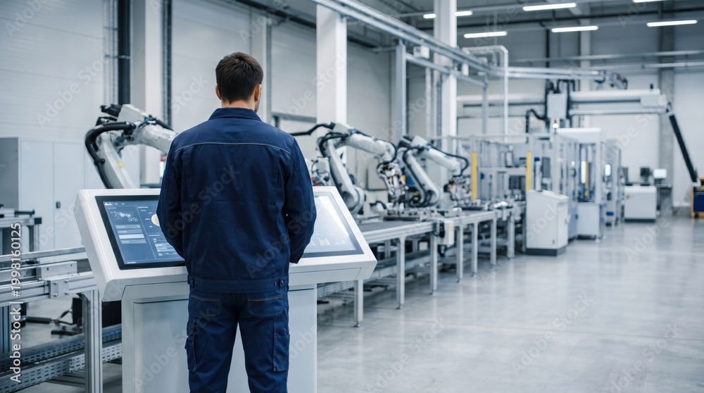Fototapeta premium Operator controlling robotic arm assembly line in modern factory, industrial automation concept, manufacturing process monitoring, smart industry 4.0 technology, worker using