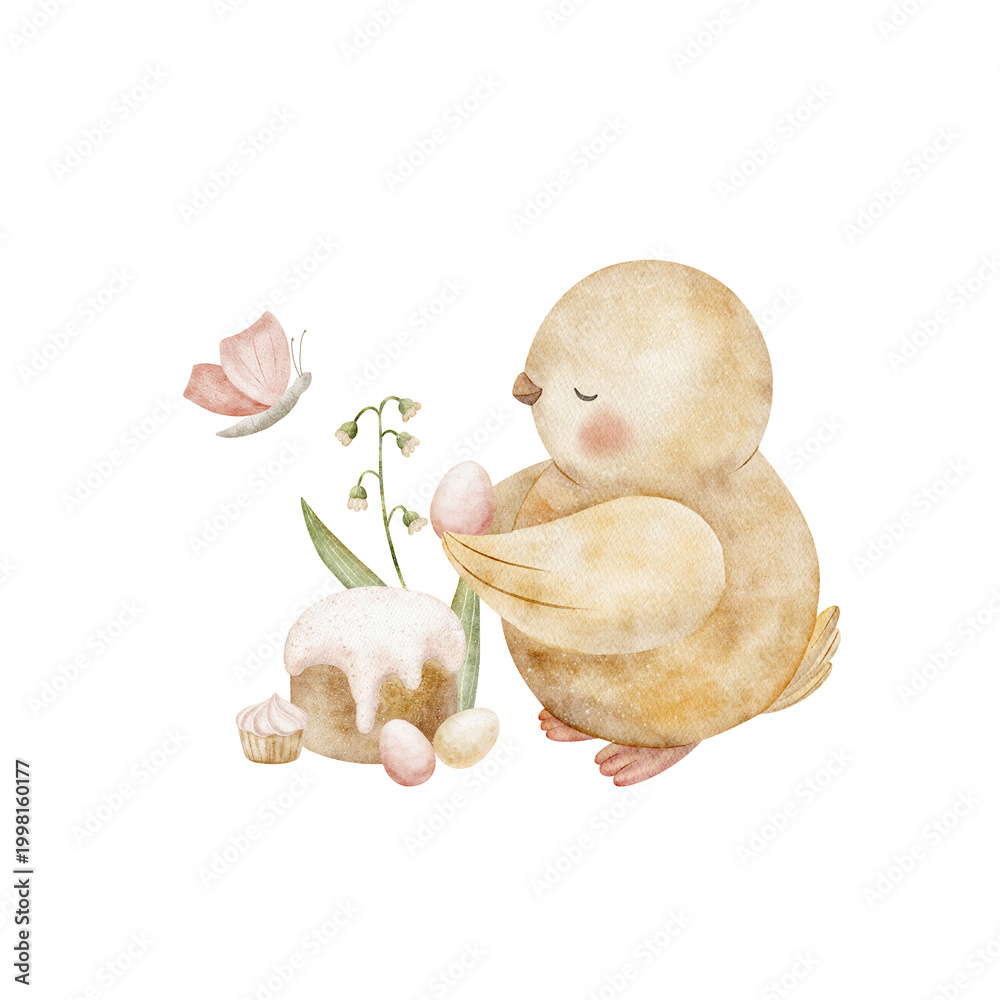 Fototapeta premium Chicken holding Easter eggs, cake, butterfly, lily of valley. Watercolor illustration of birds in children style, hand-drawn isolated from background for design of cards posters tableware clothing