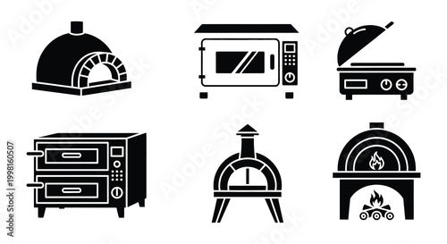 Pizza oven icons set black and white vector illustration