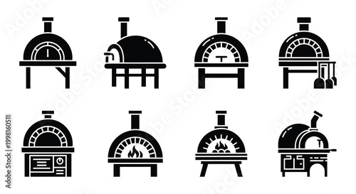 Pizza oven icons set black and white vector illustration