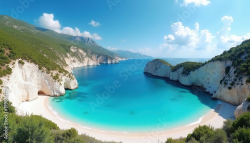 Turquoise sea meets white sand beach in a secluded cove. Steep green cliffs with white rock formations rise from calm clear water under a bright blue sky with fluffy clouds.